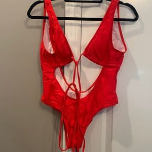 Red plunging bathing suit